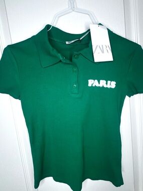 ZARA Emerald Green Polo Top with White 'PARIS' Embroidery